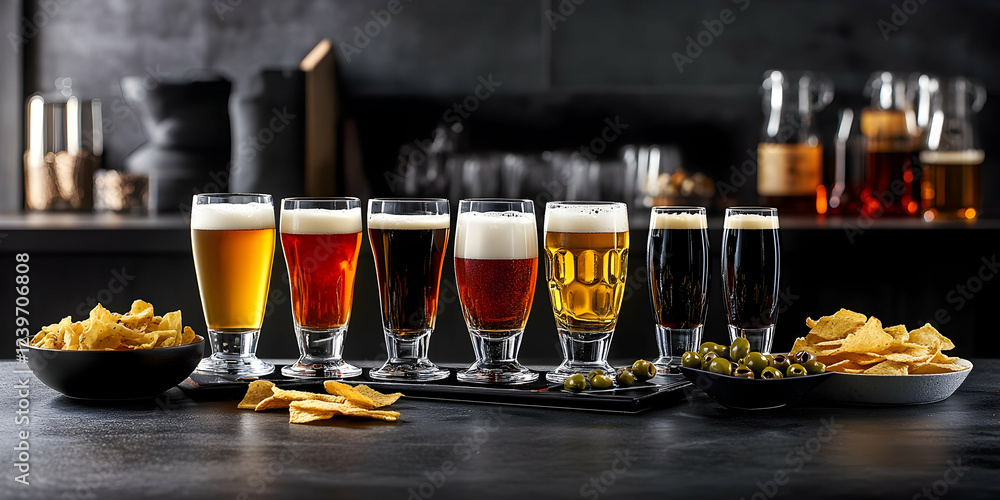 Assortment of craft beers in tasting glasses, served with tortilla chips and olives. Perfect for pub, bar, or brewery advertising. Assortment of craft beers in tasting glasses, served with tortilla chips and olives. Perfect for pub, bar, or brewery advertising.