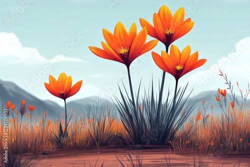 Vibrant Orange Flowers Flourishing in Serene Mountain Landscape with Clear Blue Sky and Majestic Peaks as a Stunning Natural Backdrop