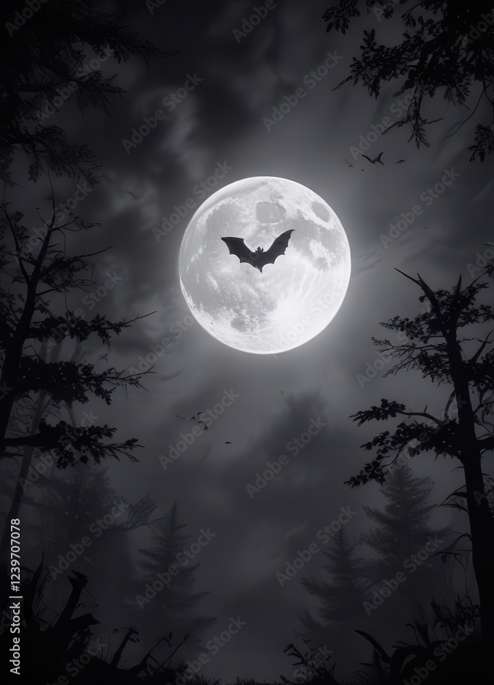 Dark silhouette of a bat flying towards a full moon in a spooky forest, autumn leaves, wildlife, Dark silhouette of a bat flying towards a full moon in a spooky forest, autumn leaves, wildlife,