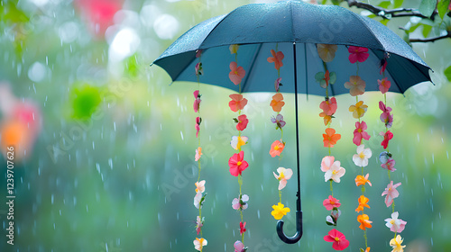 un paisaje al aire libre con un paraguas en la lluvia el paraguas tiene tiras de flores coloridas estilo vintage decorativo con espacio de copia photo