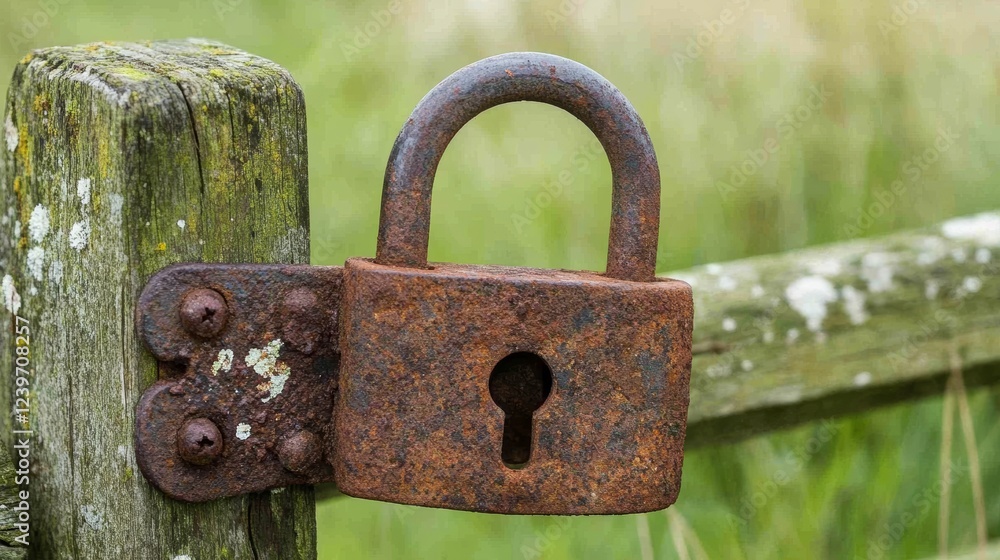 A rusty padlock hanging on a wooden gate. - ai A rusty padlock hanging on a wooden gate. - ai
