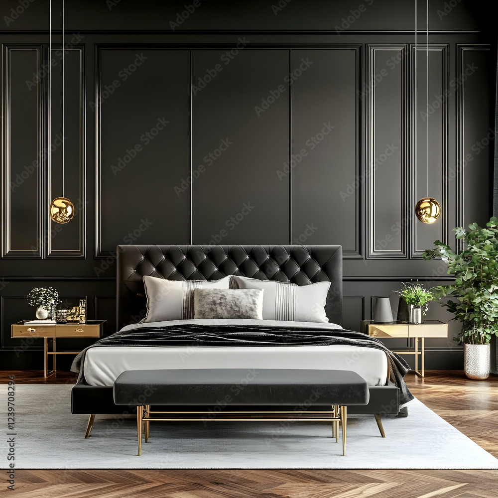 Luxurious Black and Gold Bedroom Interior Design Features a Tufted Bed with Gold Accents Gracefully Placed on a Plush White Rug, Complemented by Elegant Nightstands and Decorative Plants. Luxurious Black and Gold Bedroom Interior Design Features a Tufted Bed with Gold Accents Gracefully Placed on a Plush White Rug, Complemented by Elegant Nightstands and Decorative Plants.