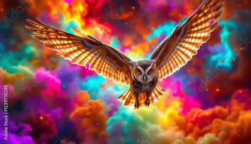 Colorful Owl Soaring Through Vivid Cloudscape Art Print photo