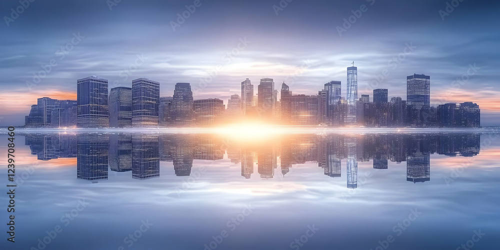 Fototapeta premium Cityscape Reflects in Still Water Under a Dramatic Sunset Sky with Colorful Clouds