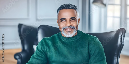 Smiling Mature Man Sits Com...