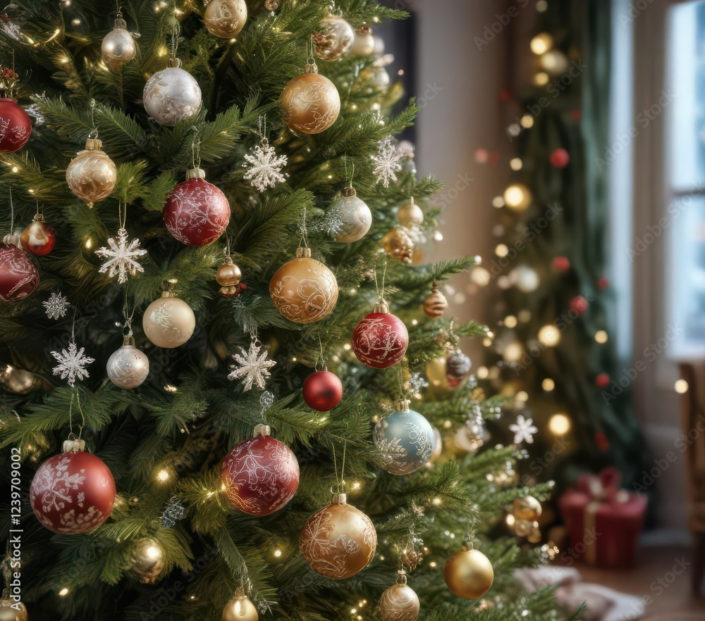 Fototapeta premium Decorated Christmas tree with snowflakes and ornaments, snowflakes, decoration, christmas tree