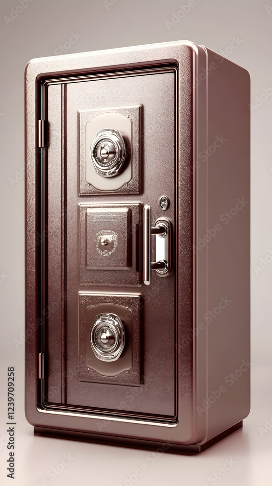 Closed Metal Safe with Combination Lock and Handle Stands Securely on a Solid Surface. Closed Metal Safe with Combination Lock and Handle Stands Securely on a Solid Surface.