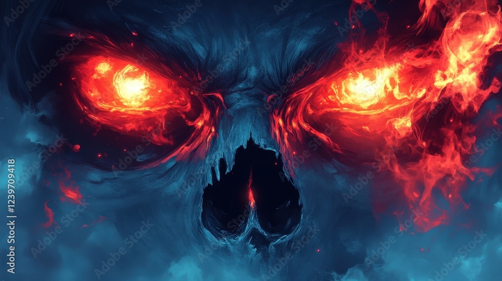 Fototapeta premium Fiery Inferno: A Mysterious Skull-Like Face with Flaming Eyes Amidst Dark Clouds Illustrating a Dramatic and Intense Scene of Fire and Smoke