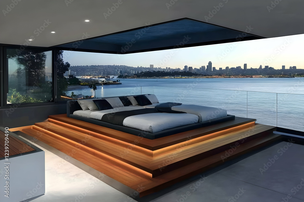 Fototapeta premium Modern Bedroom Design Showcases a Luxurious Platform Bed with Integrated Lighting Overlooking City Skyline at Dusk.