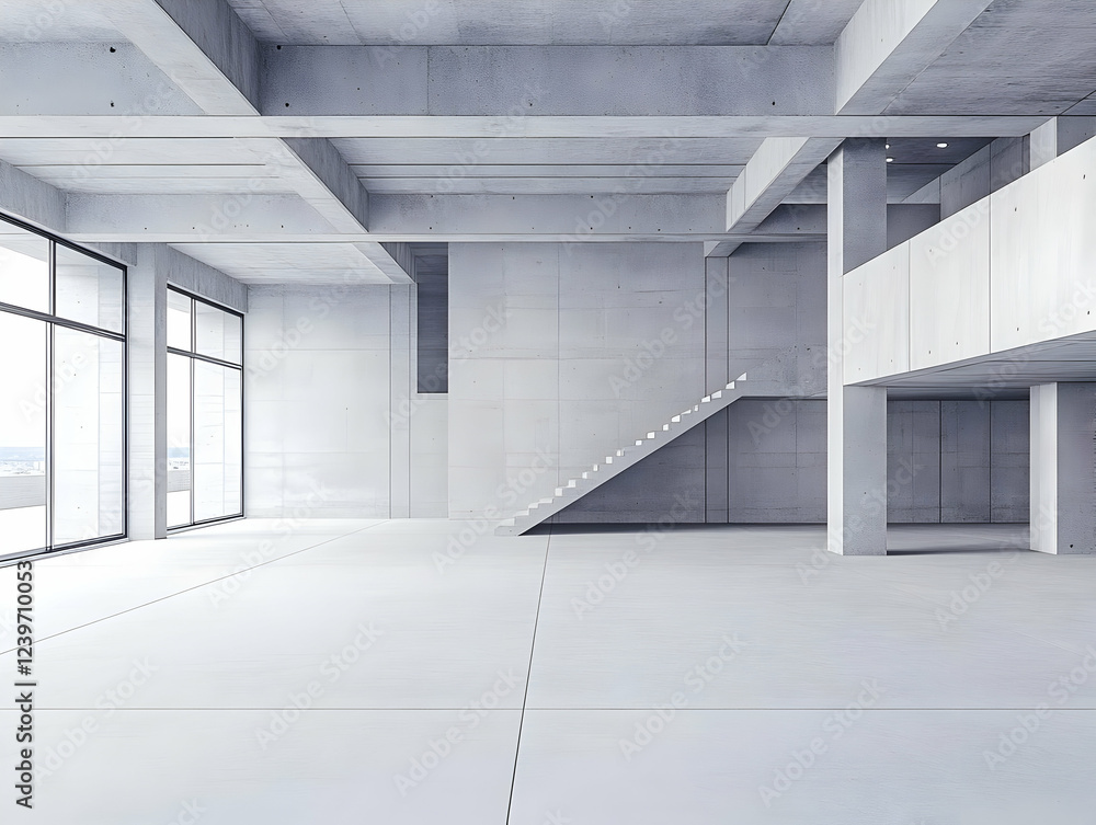 Fototapeta premium Modern Empty Concrete Interior Design with Staircase and Large Windows