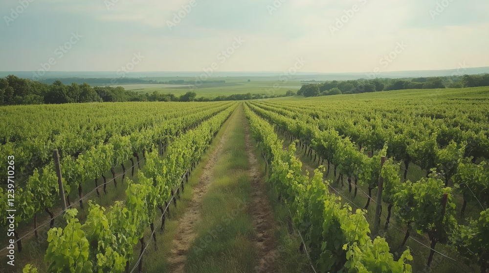 Naklejka premium Aerial View of Serene Vineyard Rows Under a Bright Sky