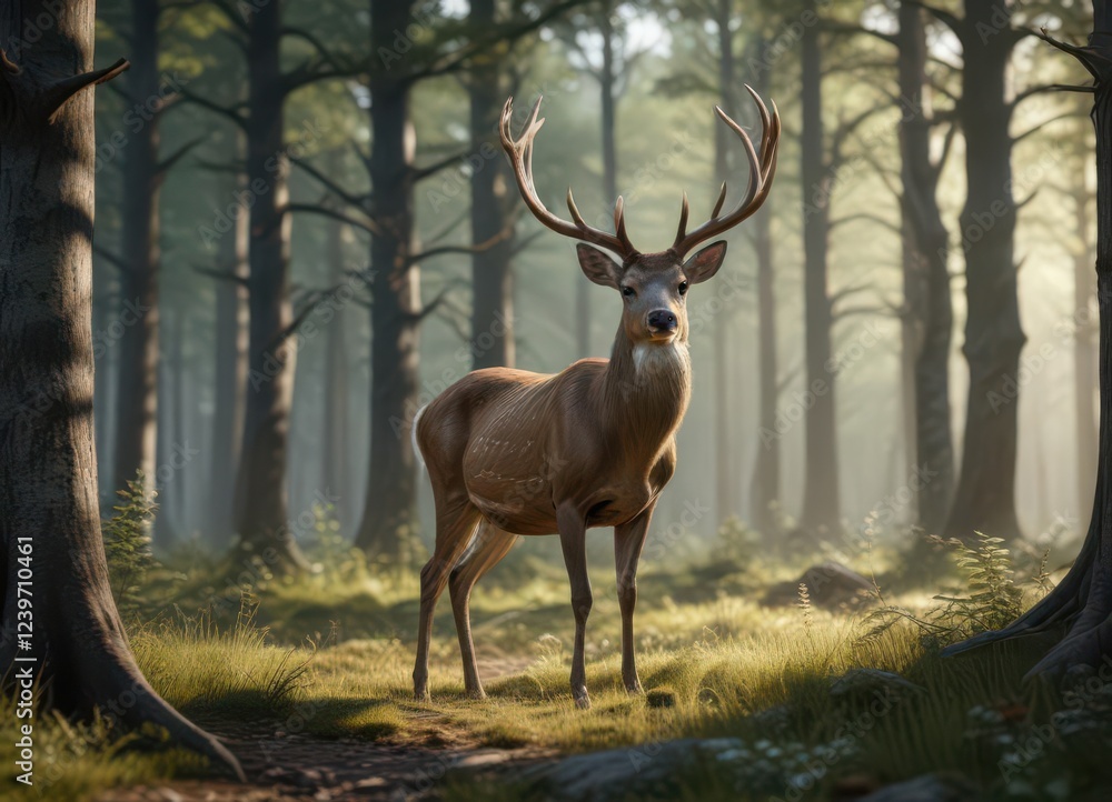 Fototapeta premium Deer standing alone in forest clearing, with large eyes and curved antlers, animals, wilderness, outdoors