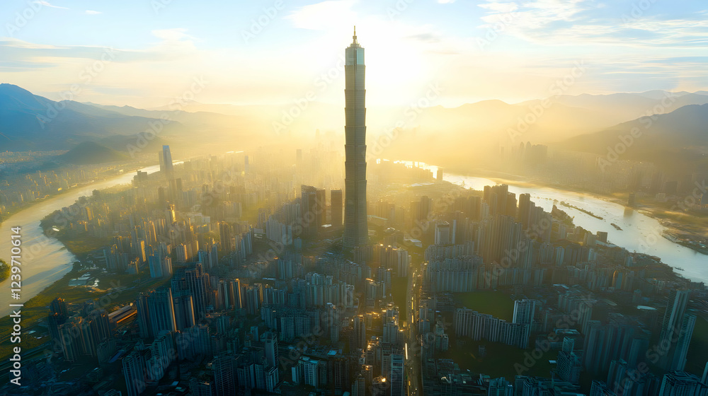 Obraz premium Skyscraper stands tall amidst cityscape at sunrise, overlooking a river and mountains.