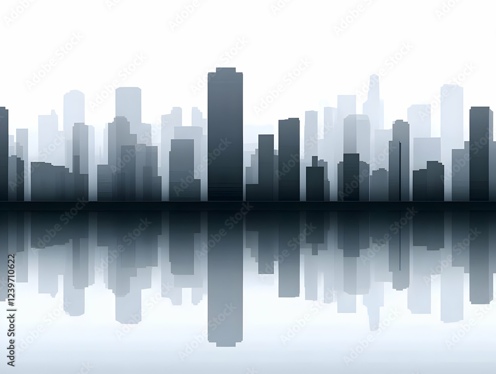 Fototapeta premium Cityscape silhouette reflected in water, a minimalist and modern urban landscape background