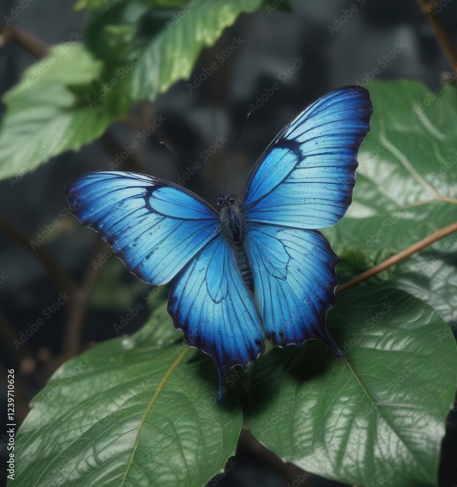 Delicate blue butterfly wings with intricate veins and scales spread wide on a leaf , illustration, garden, flower Delicate blue butterfly wings with intricate veins and scales spread wide on a leaf , illustration, garden, flower