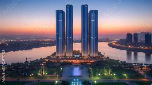 Illuminated Skyscrapers Stand Tall at Sunset Over a Serene River and Lush Park