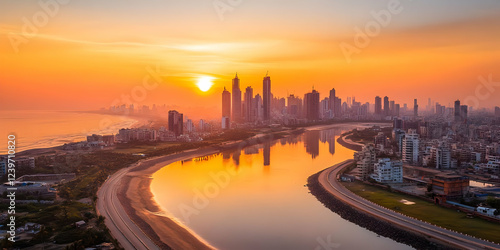 Coastal Cityscape Reflects Golden Sunrise Over Tranquil Waterway at Dawn Beautifully
