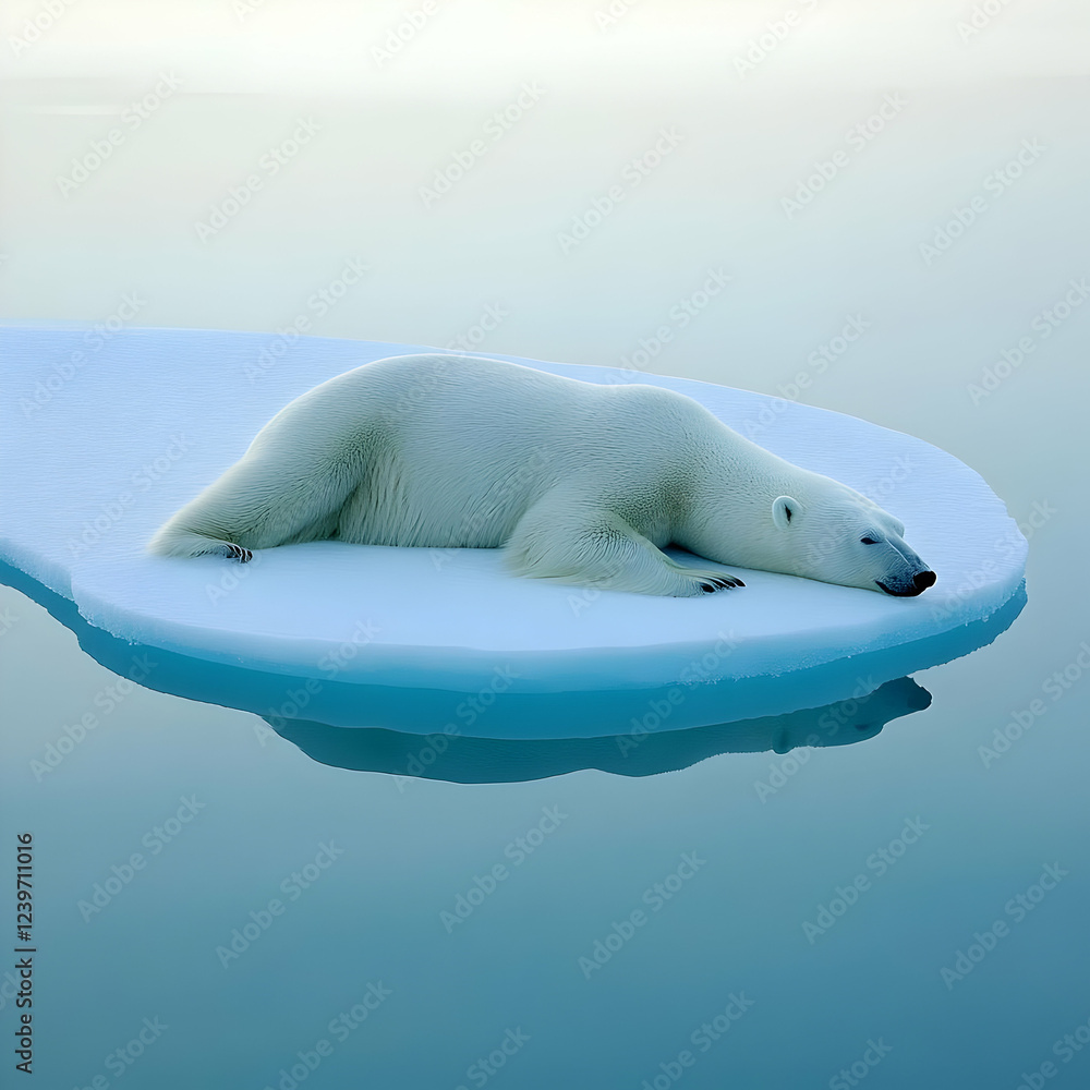Fototapeta premium Polar Bear Rests Peacefully on a Small Ice Floe in Calm Blue Arctic Waters