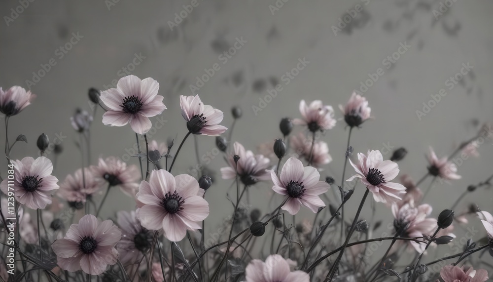 Delicate charcoal flowers in soft petals scattered across a subtle grey background , minimalist design, floral motifs, grey tone Delicate charcoal flowers in soft petals scattered across a subtle grey background , minimalist design, floral motifs, grey tone