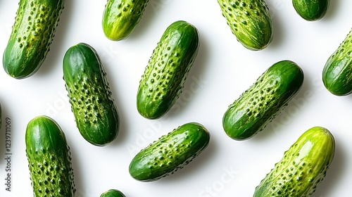 Fresh Green Cucumbers Spread on White Surface Seasonal Ingredient : Generative AI photo