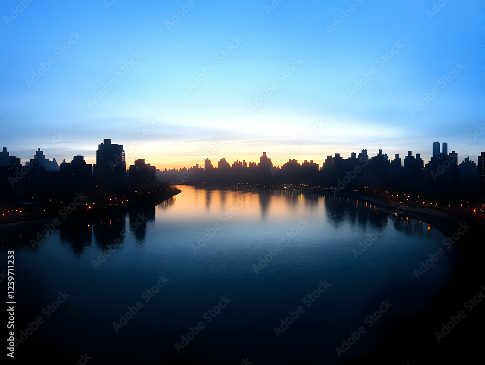 Fototapeta premium Cityscape Silhouettes Reflect in Calm Water at Dawn Under a Tranquil Sky