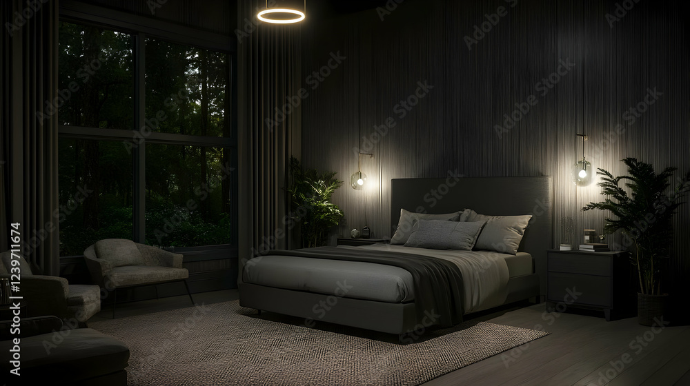Dark and Moody Bedroom Interior Design with Forest View at Night.