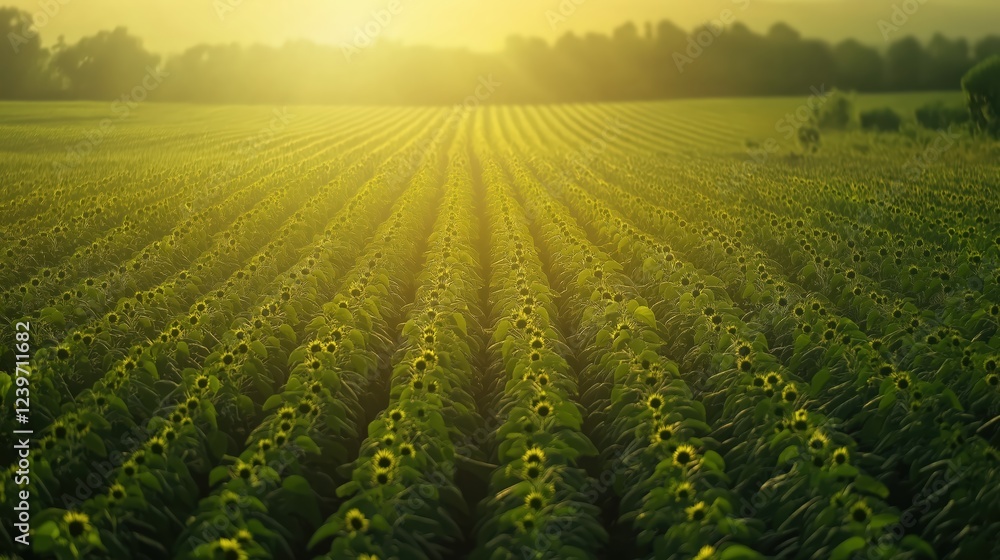 Sunlit Sunflower Field at Sunrise A Tranquil Agricultural Landscape Sunlit Sunflower Field at Sunrise A Tranquil Agricultural Landscape