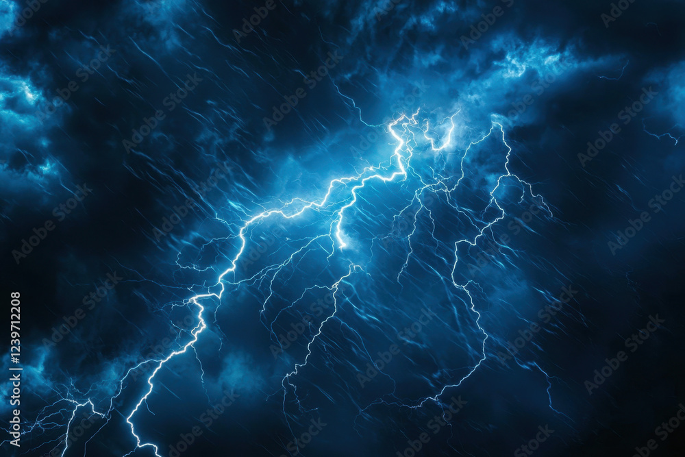 Fototapeta premium Eerie electric storm with intense blue lightning bolts splitting the darkness.