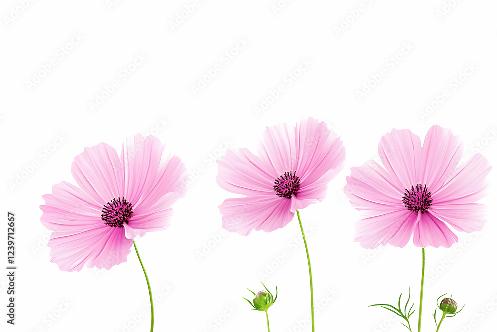 Three Delicate Pink Cosmos Flowers Bloom Gracefully Against a White Backdrop Three Delicate Pink Cosmos Flowers Bloom Gracefully Against a White Backdrop