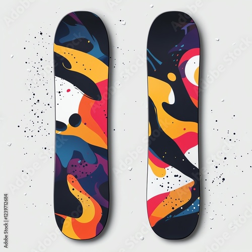 Two colorful skateboard decks featuring abstract art with vibrant splashes and swirling patterns against a light background. photo