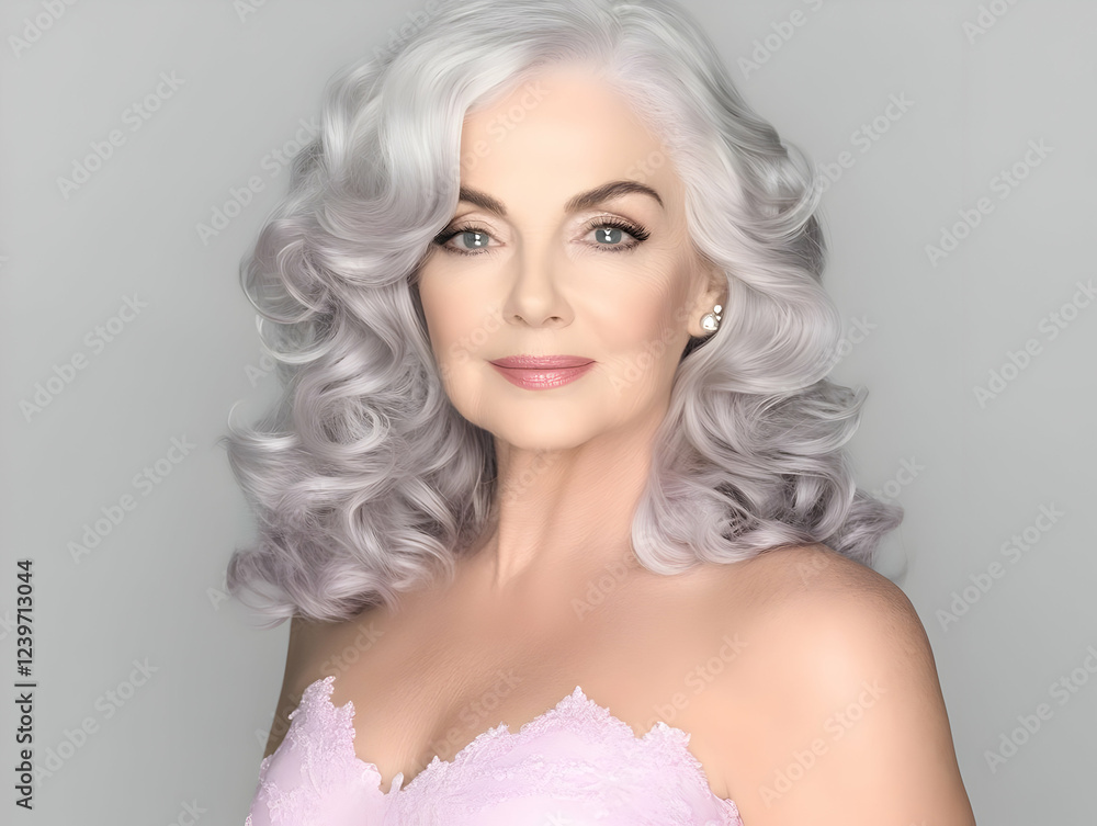 Elegant Mature Woman with Silver Curls Poses Gracefully in a Lilac Dress Elegant Mature Woman with Silver Curls Poses Gracefully in a Lilac Dress