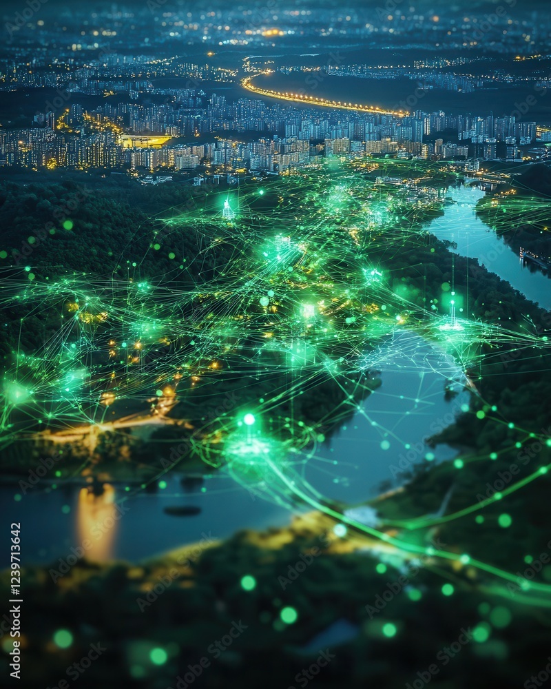 Obraz premium Night Cityscape with Illuminated Network Connections and River Reflections: A Futuristic Urban Landscape.