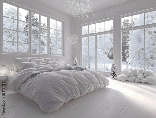 White bedroom shows a snowy...