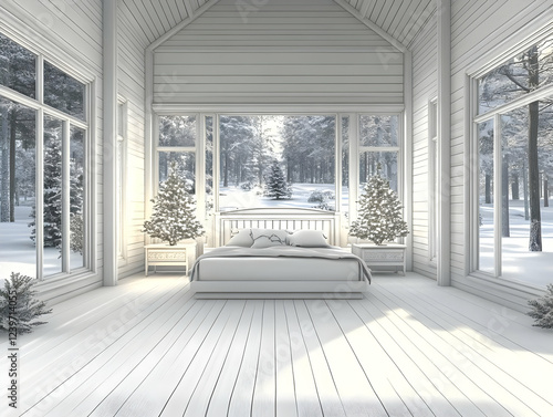 White Bedroom with Snowy Fo...