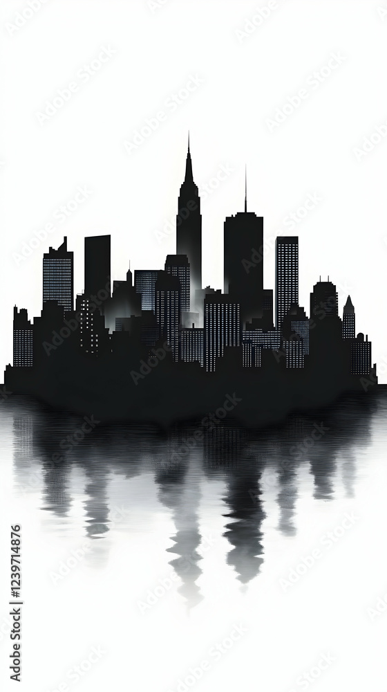 Fototapeta premium Cityscape Silhouette Reflects in Water with Dramatic Lighting and Architectural Details