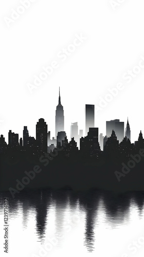 Silhouetted cityscape refle...