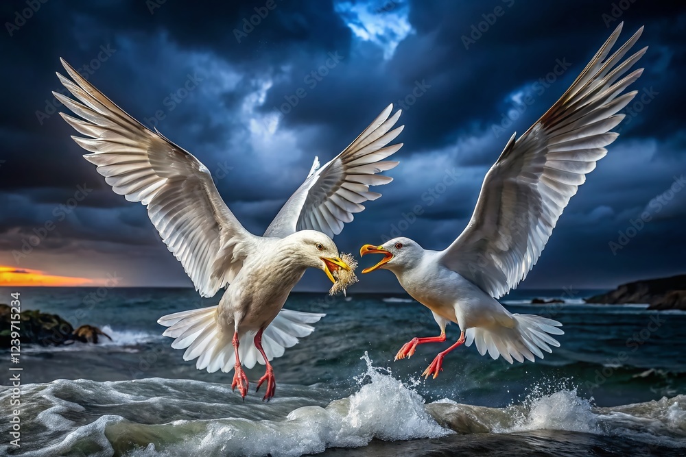 Obraz premium Glaucous Gulls in Mid-Air Battle for Food at Night