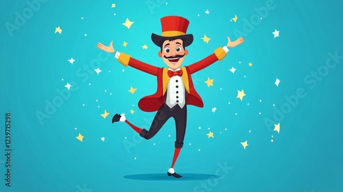 Cartoon Flat Vector Illustration of a Circus Man in Top Hat and Tuxedo Standing on a Podium with Animals in the Background