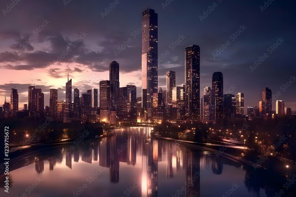 Fototapeta premium Cityscape Reflects Beautifully in Calm Waters at Dusk with Illuminated Skyscrapers and Colorful Clouds Overhead