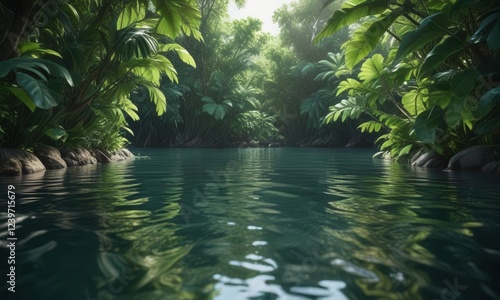 Densely packed tropical leaves frame a serene water scene,  pond,  serene,  nature photo