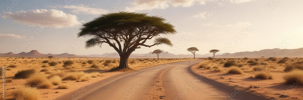 Deserted safari landscape with lone acacia tree and winding savannah road , road, desert, savannah Deserted safari landscape with lone acacia tree and winding savannah road , road, desert, savannah