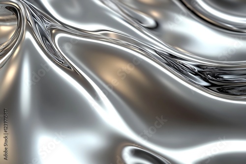 Glossy Silver Metallic Liquid Fabric Surface Flowing in Smooth Waves : Generative AI photo