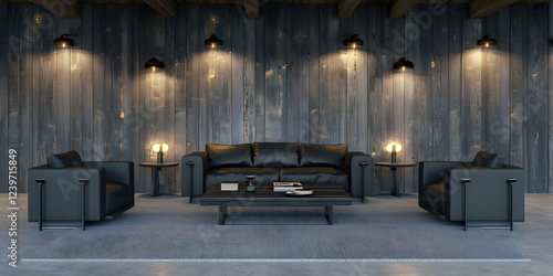 Wallpaper Mural Modern Living Room Interior Design with Black Furniture and Wood Paneling Creates a Cozy Atmosphere. Torontodigital.ca
