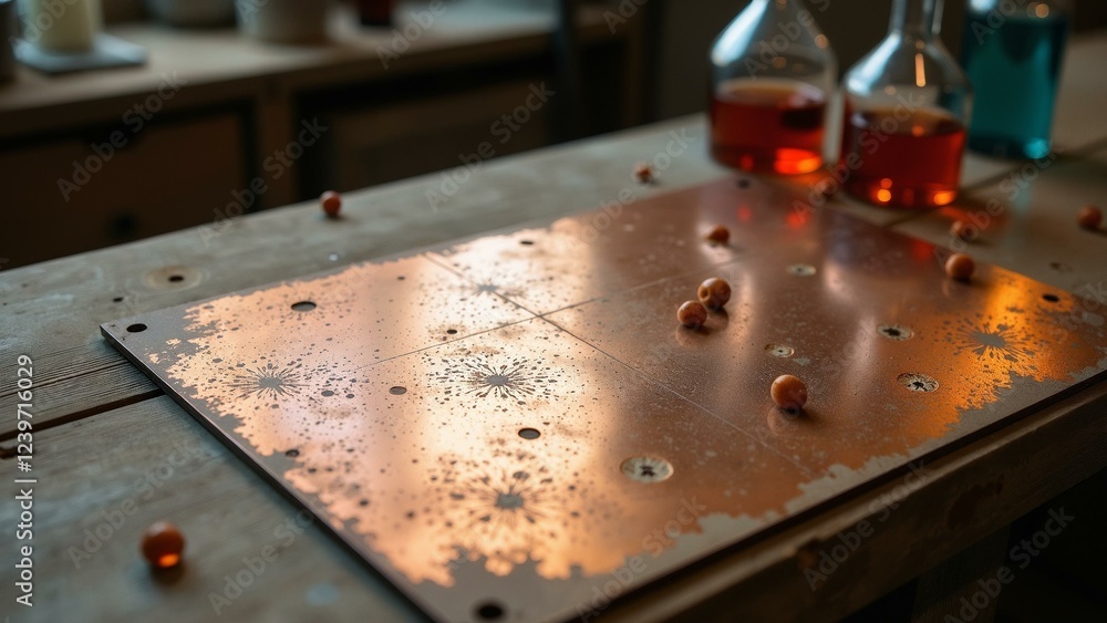 Aged wooden workbench with copper plating, crystal reagents, coffee stains, and star map projections Aged wooden workbench with copper plating, crystal reagents, coffee stains, and star map projections