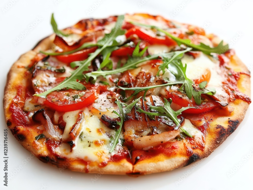 artisanal wood-fired pizza with rustic charred crust, fresh ingredients, melted mozzarella on clean white surface artisanal wood-fired pizza with rustic charred crust, fresh ingredients, melted mozzarella on clean white surface