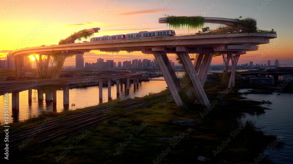 Obraz premium Elevated Train Traverses Overgrown Urban Bridge at Sunset with Dramatic Lighting and Lush Greenery.