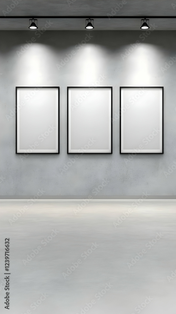 Three Blank Picture Frames on Concrete Wall in Gallery with Spotlights Three Blank Picture Frames on Concrete Wall in Gallery with Spotlights
