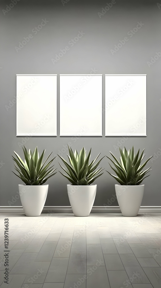 Three Blank Canvases on a Gray Wall with Potted Plants below Enhance a Modern Interior Three Blank Canvases on a Gray Wall with Potted Plants below Enhance a Modern Interior