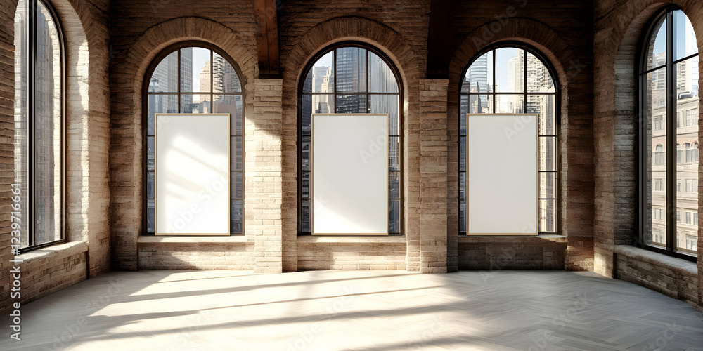 Three Blank Vertical Canvas Mockups in a Brick Loft with Arched Windows and City View Three Blank Vertical Canvas Mockups in a Brick Loft with Arched Windows and City View