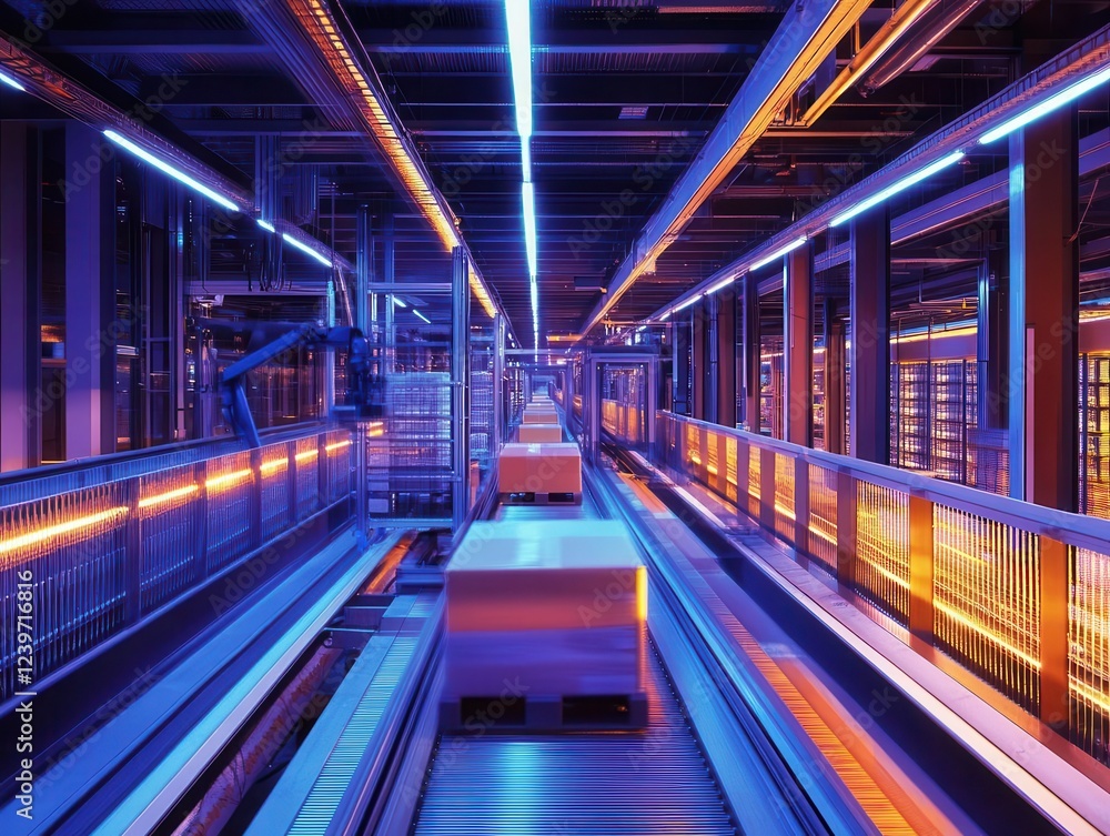 automated warehouse interior with robotic arms moving packages on illuminated conveyor systems, high-tech logistics facility automated warehouse interior with robotic arms moving packages on illuminated conveyor systems, high-tech logistics facility